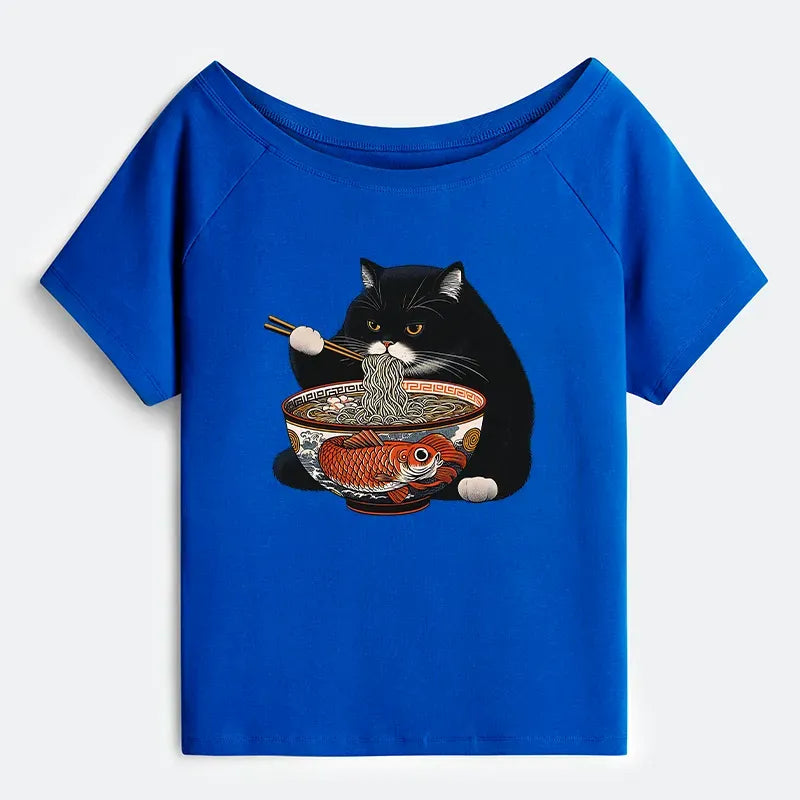 Kyoto-Lion Fat Cat Eating Ramen Off Shoulder T-Shirt