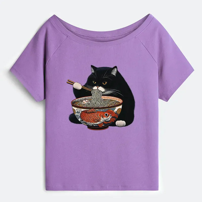 Kyoto-Lion Fat Cat Eating Ramen Off Shoulder T-Shirt