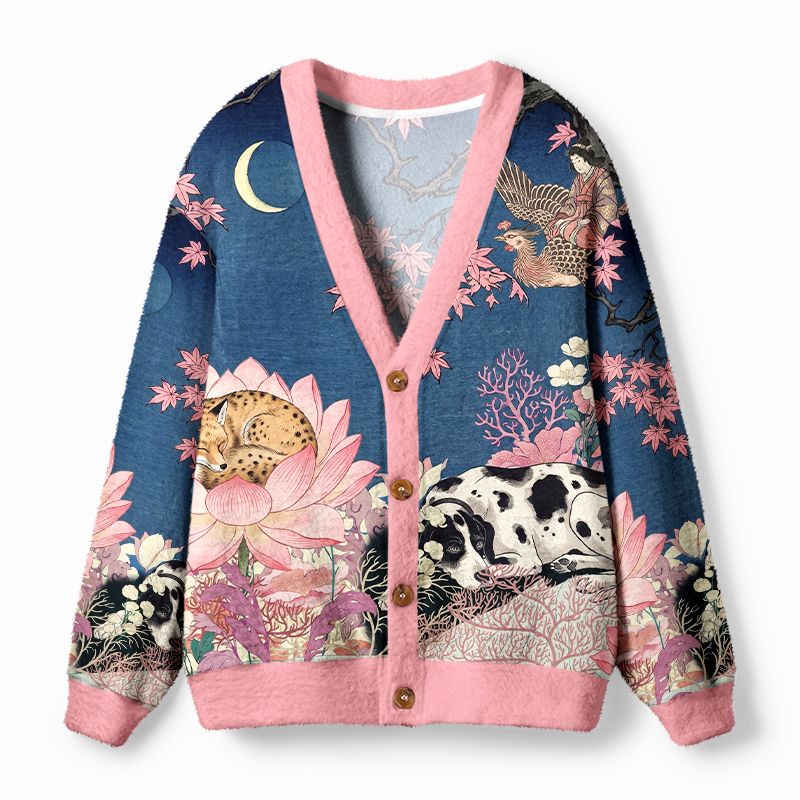 Kyoto-Lion Oriental Ukiyo Art Animal & Lotus Ugly Cardigan Sweater