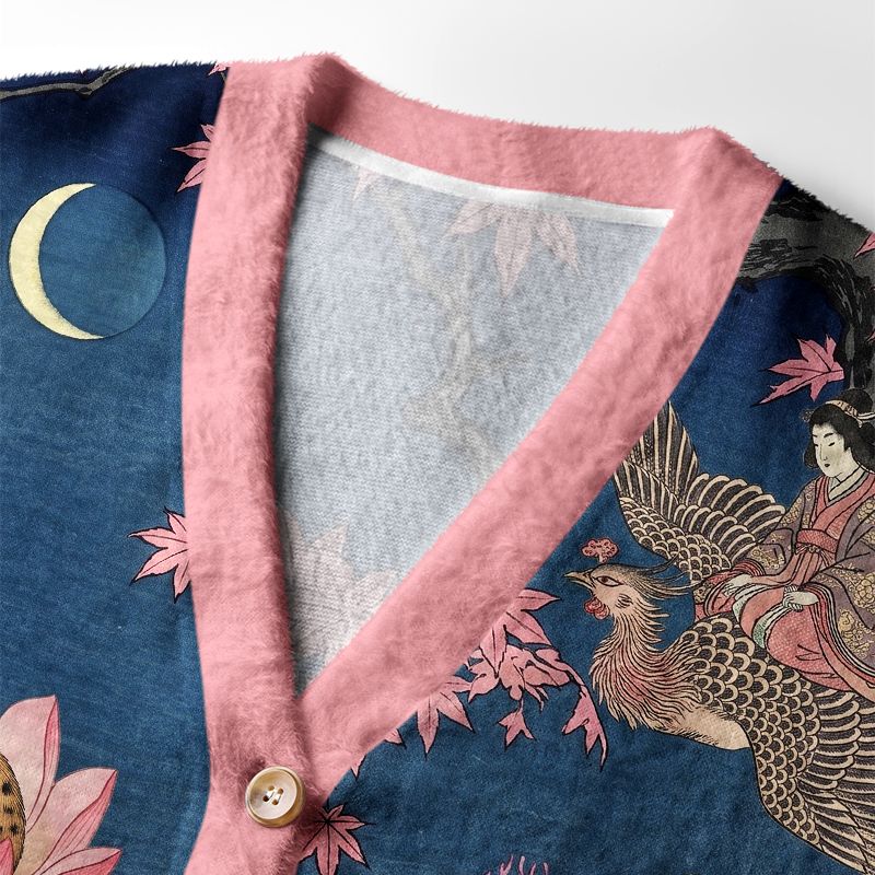 Kyoto-Lion Oriental Ukiyo Art Animal & Lotus Ugly Cardigan Sweater