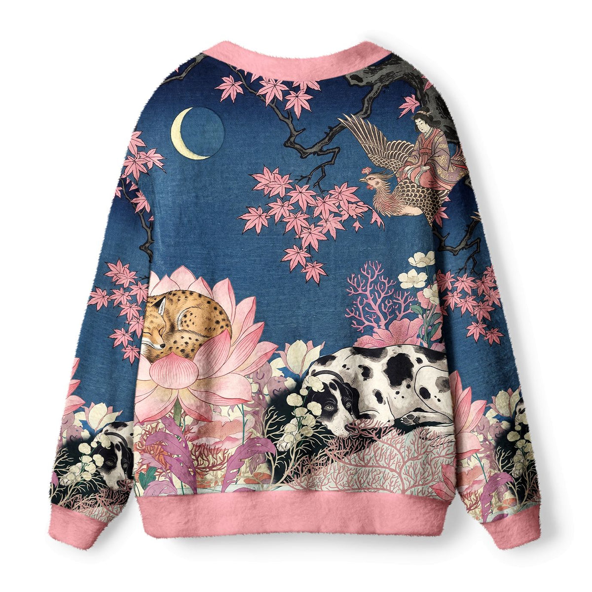 Kyoto-Lion Oriental Ukiyo Art Animal & Lotus Ugly Cardigan Sweater