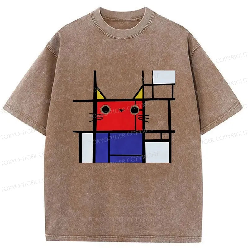 Kyoto-Lion Abstract Art Cat Washed T-Shirt
