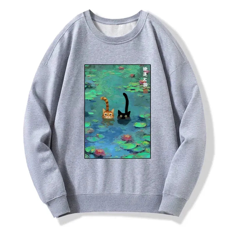 funny cat swimming in lilies sweatshirt