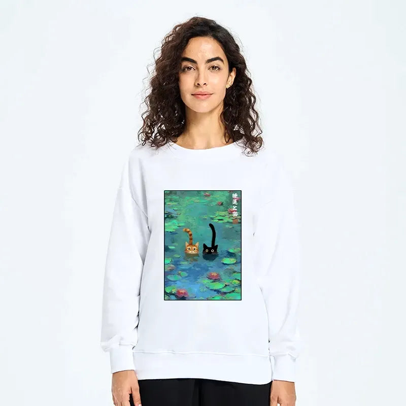 funny cat swimming in lilies sweatshirt