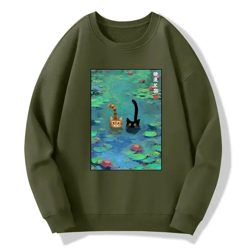 funny cat swimming in lilies sweatshirt