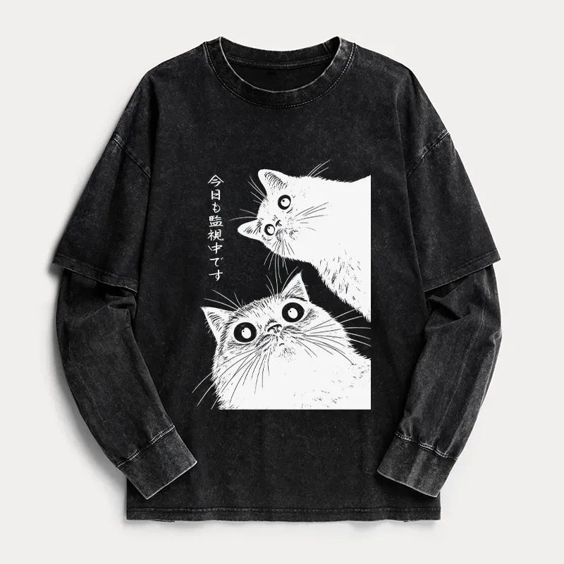 Kyoto-Lion The Cat Is Watching Today Washed Double Layer T-Shirt