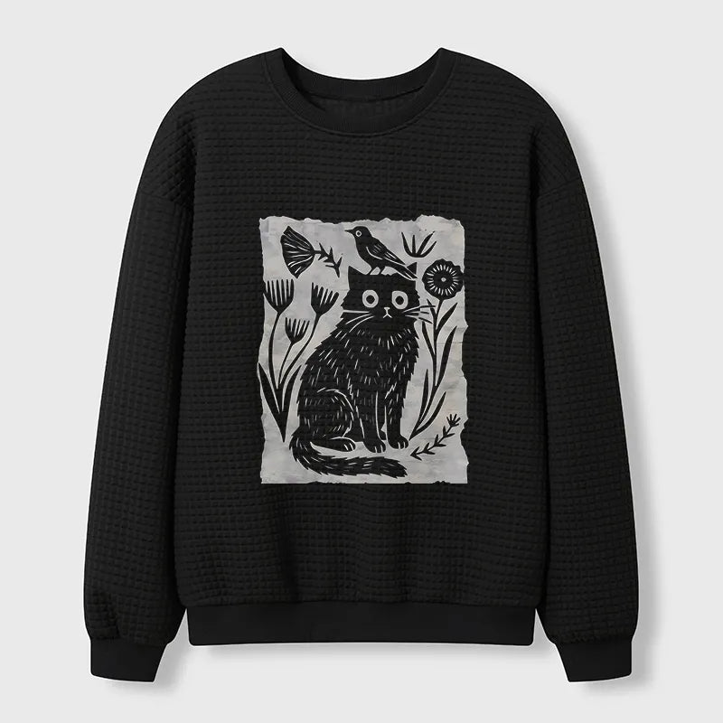 Kyoto-Lion Folk Paper Cut Cat Bird Floral Art Waffle Sweatshirt