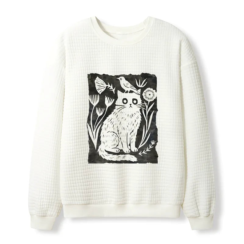 Kyoto-Lion Folk Paper Cut Cat Bird Floral Art Waffle Sweatshirt