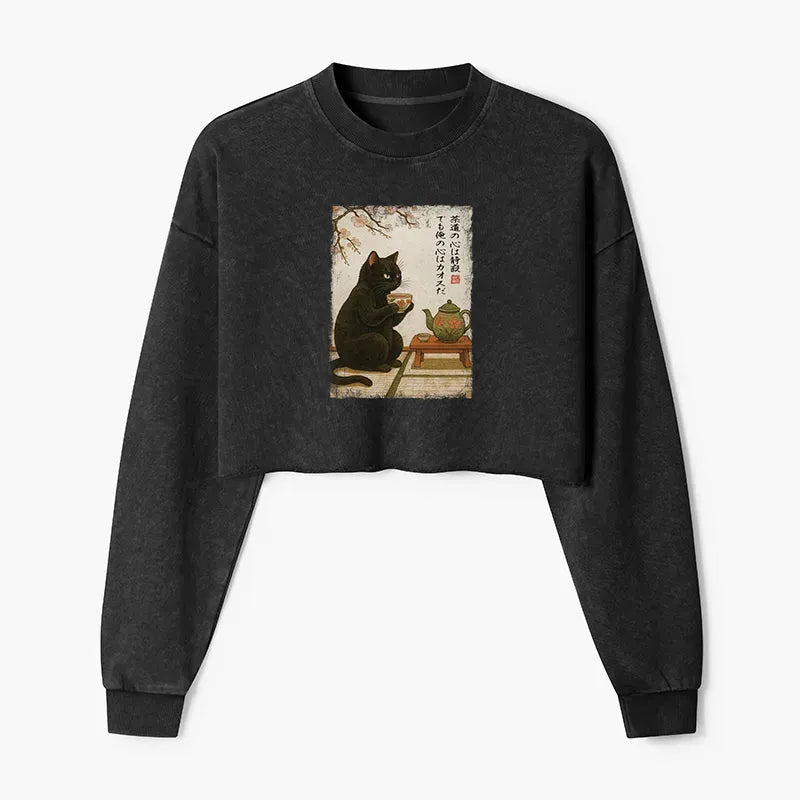 Washed Crop Sweatshirt with Black Cat