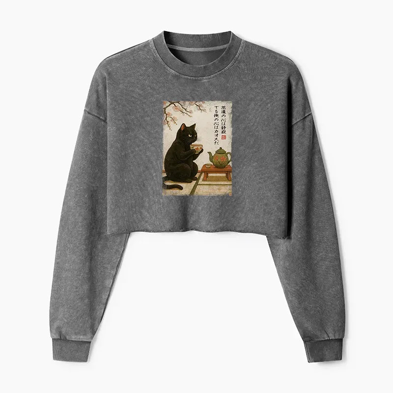 Washed Crop Sweatshirt with Black Cat