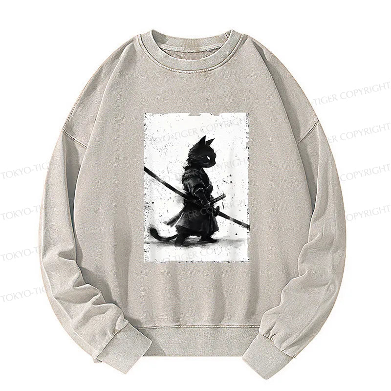 Kyoto-Lion Retro Cat Samurai Japanese Washed Sweatshirt