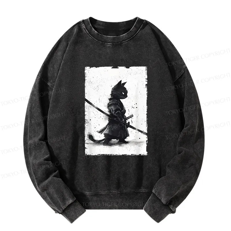 Kyoto-Lion Retro Cat Samurai Japanese Washed Sweatshirt