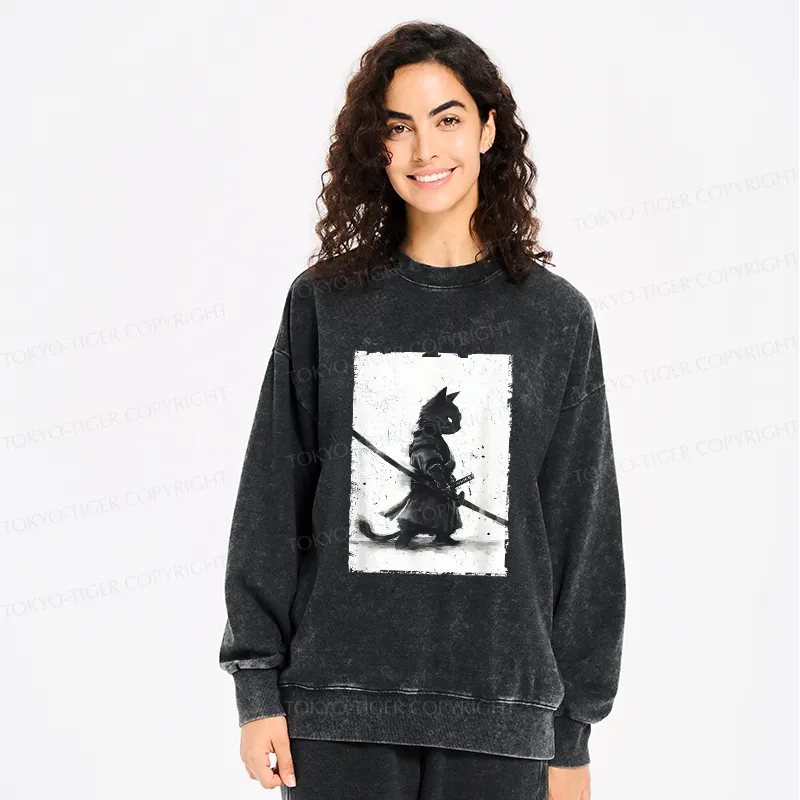 Kyoto-Lion Retro Cat Samurai Japanese Washed Sweatshirt