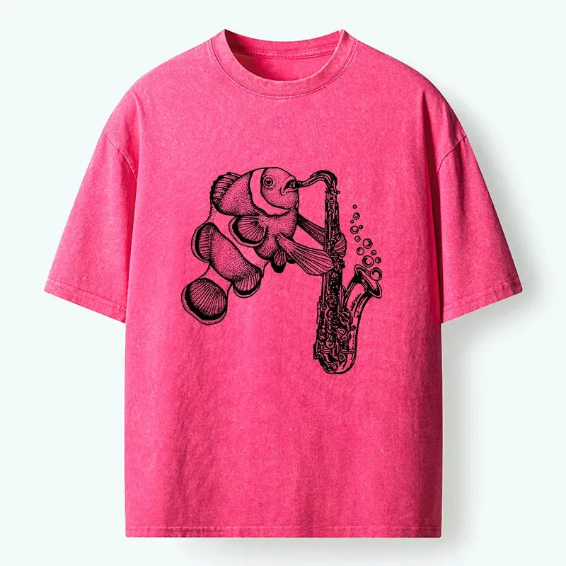 Kyoto-Lion Clownfish Playing The Saxophone Washed T-Shirt