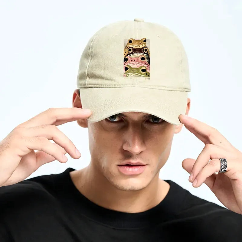 Kyoto-Lion Whimsical Multi Colored Frog Art Washed Cap