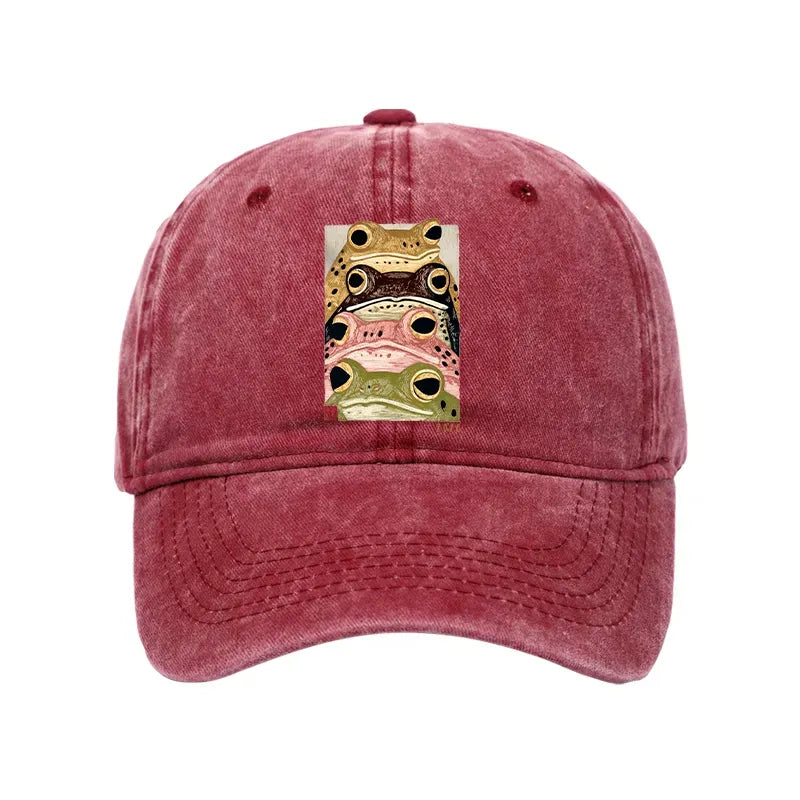 Kyoto-Lion Whimsical Multi Colored Frog Art Washed Cap