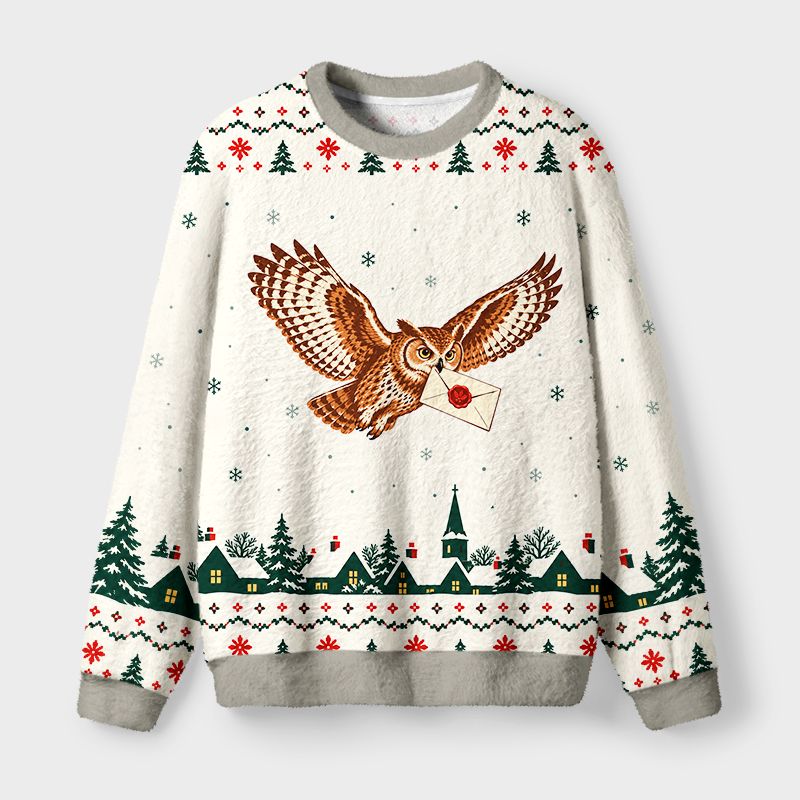 Kyoto-Lion Winter Owl Carry Holiday Letter Fuzzy Christmas Ugly Sweatshirt