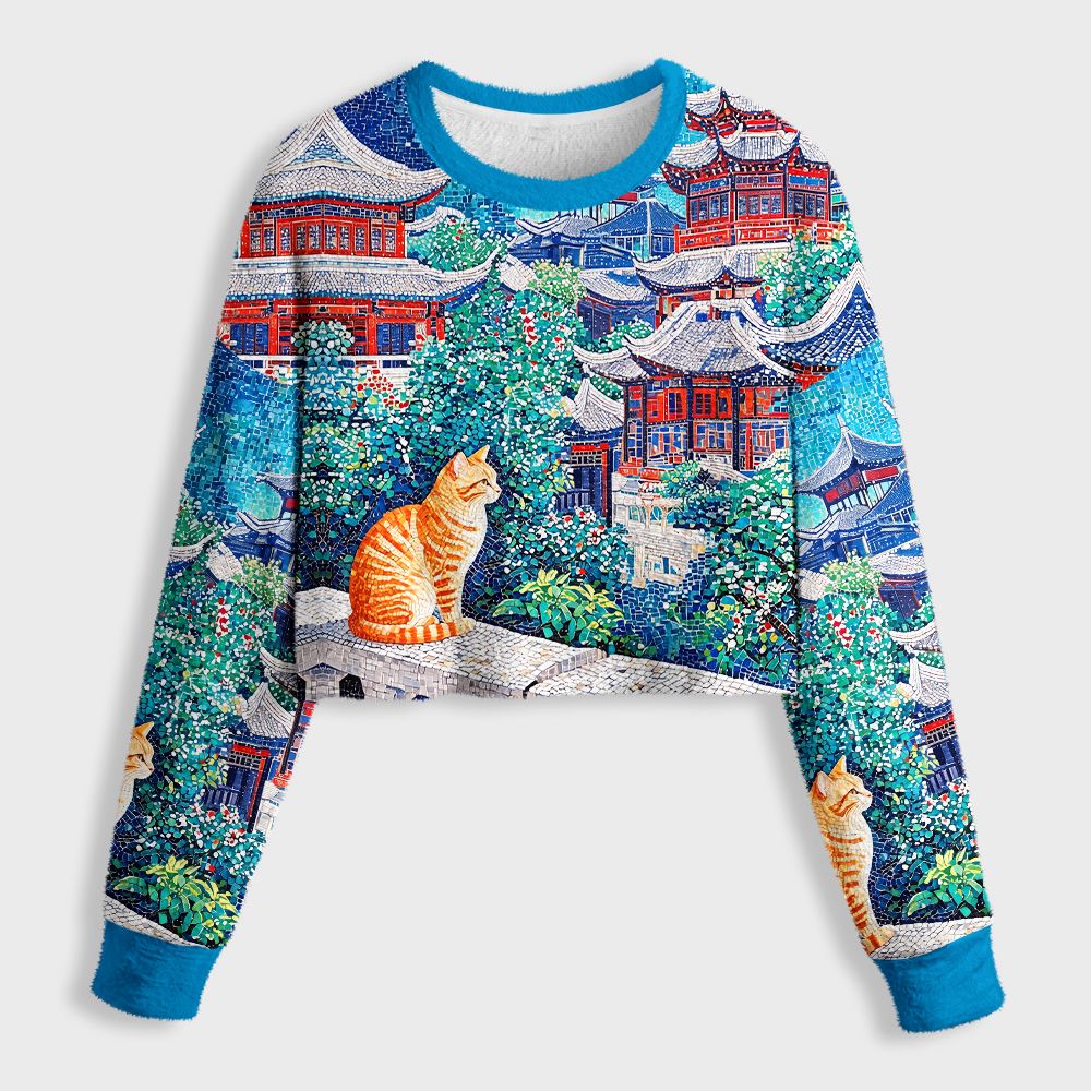 Kyoto-Lion Ginger Cats Ancient Pavilions Women's Fuzzy Cropped Sweatshirt