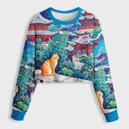 Kyoto-Lion Ginger Cats Ancient Pavilions Women's Fuzzy Cropped Sweatshirt