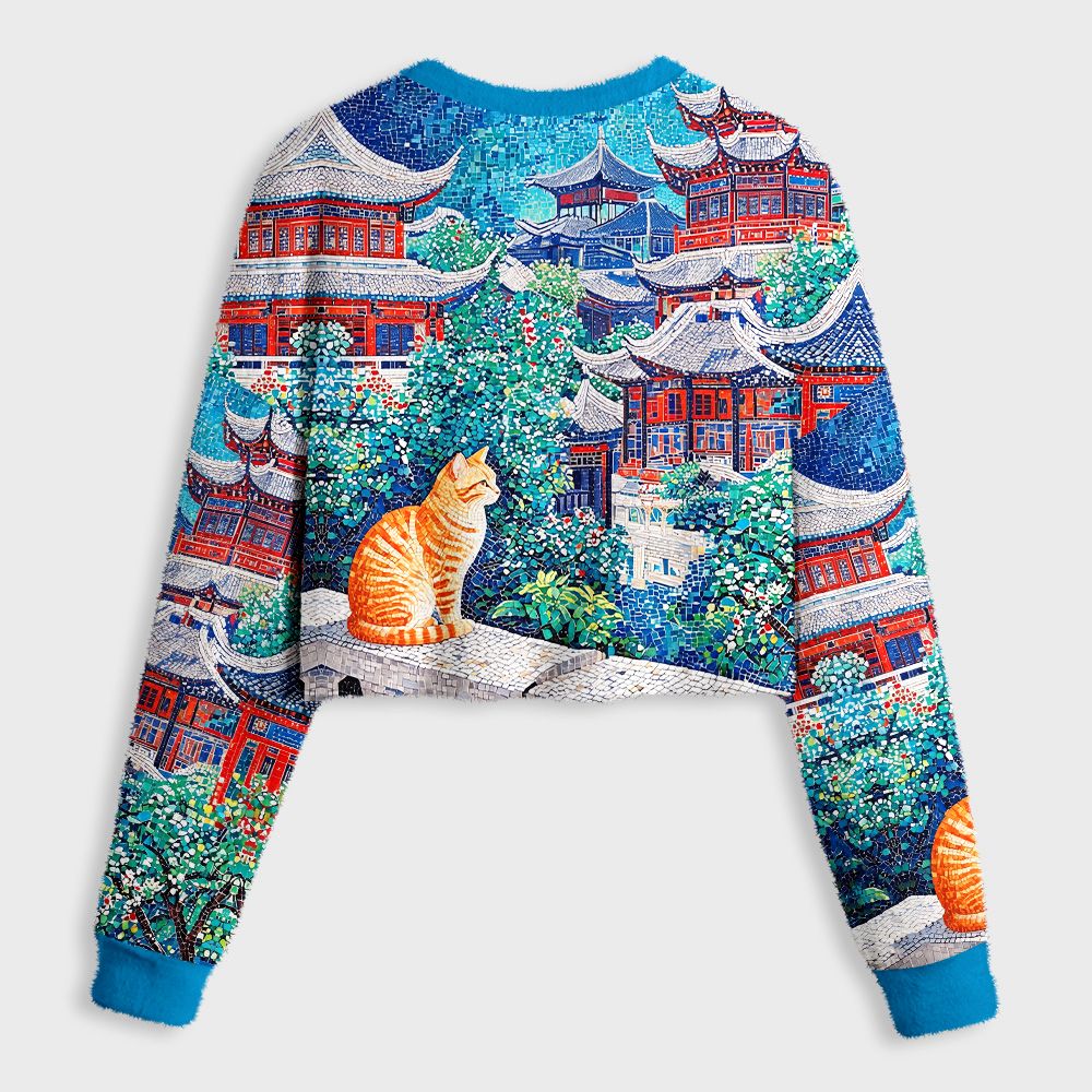 Kyoto-Lion Ginger Cats Ancient Pavilions Women's Fuzzy Cropped Sweatshirt