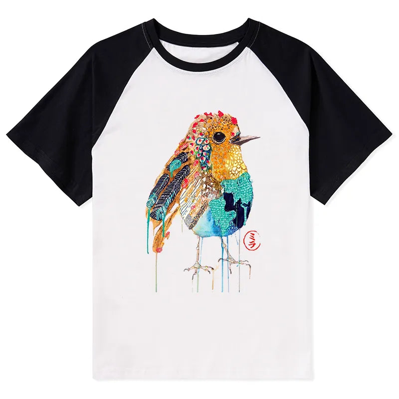 Kyoto-Lion Sparkly Wild Bird Raglan T-shirt