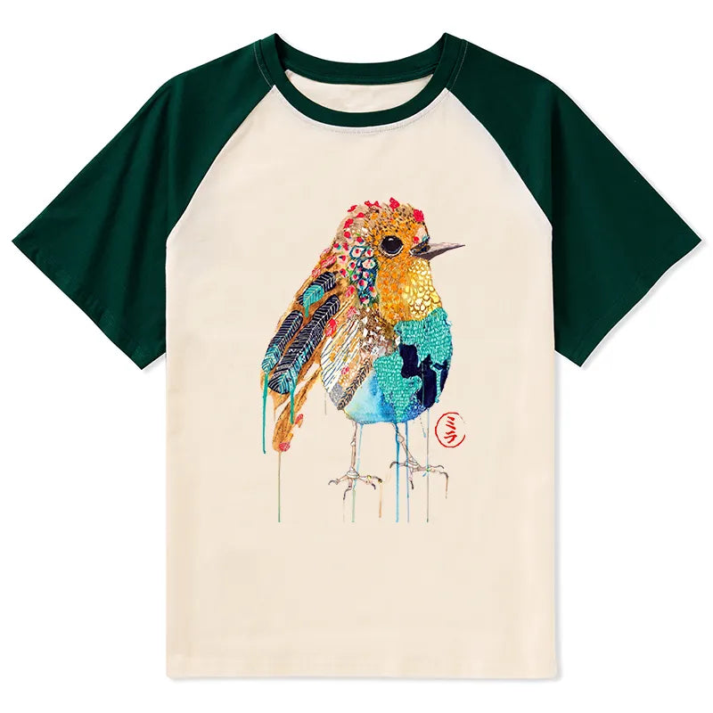 Kyoto-Lion Sparkly Wild Bird Raglan T-shirt