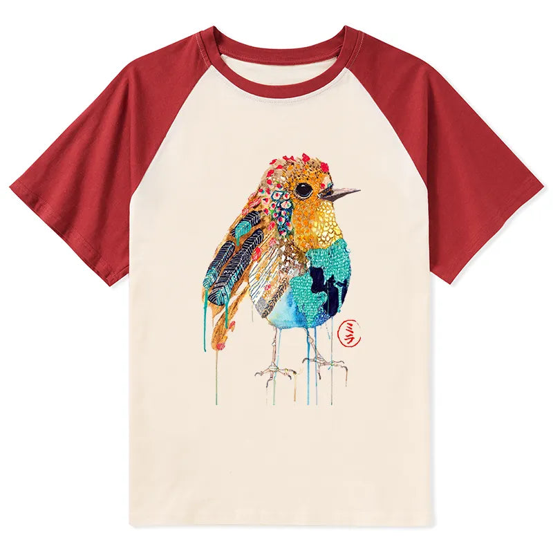 Kyoto-Lion Sparkly Wild Bird Raglan T-shirt