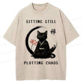 Kyoto-Lion Sitting still plotting chaos Calming Zen Cat Funny Washed T-Shirt