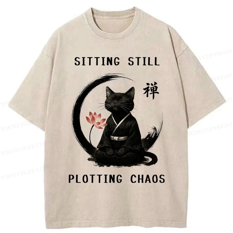 Kyoto-Lion Sitting still plotting chaos Calming Zen Cat Funny Washed T-Shirt
