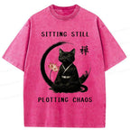 Kyoto-Lion Sitting still plotting chaos Calming Zen Cat Funny Washed T-Shirt
