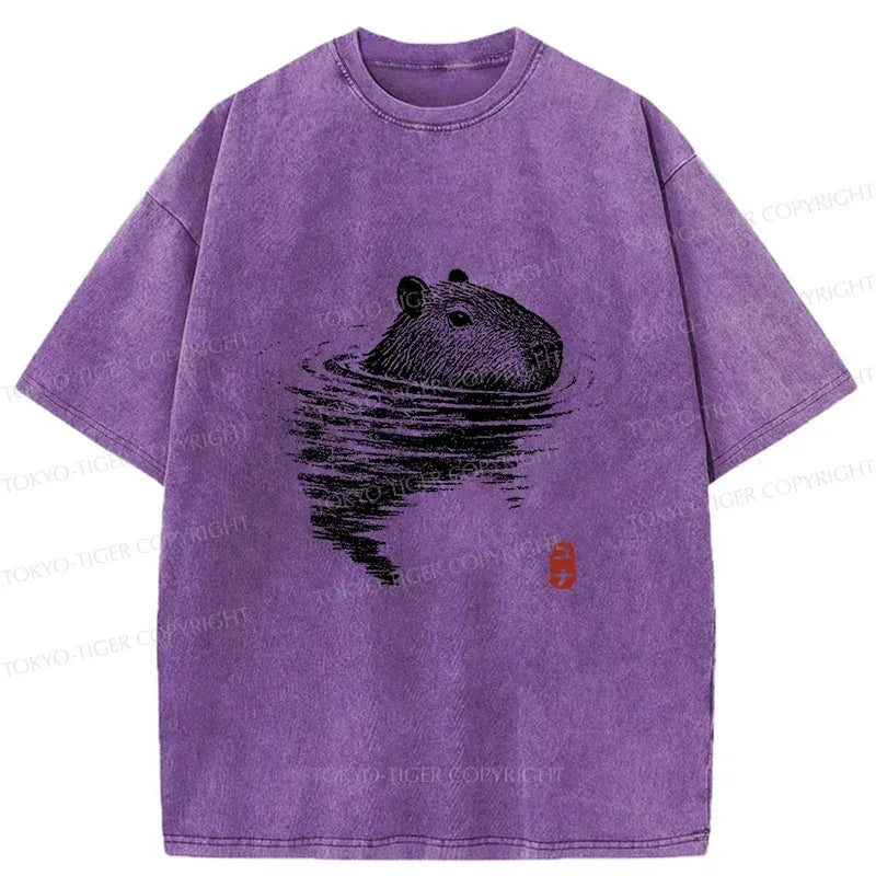 Kyoto-Lion Swimming Capybara Washed T-Shirt