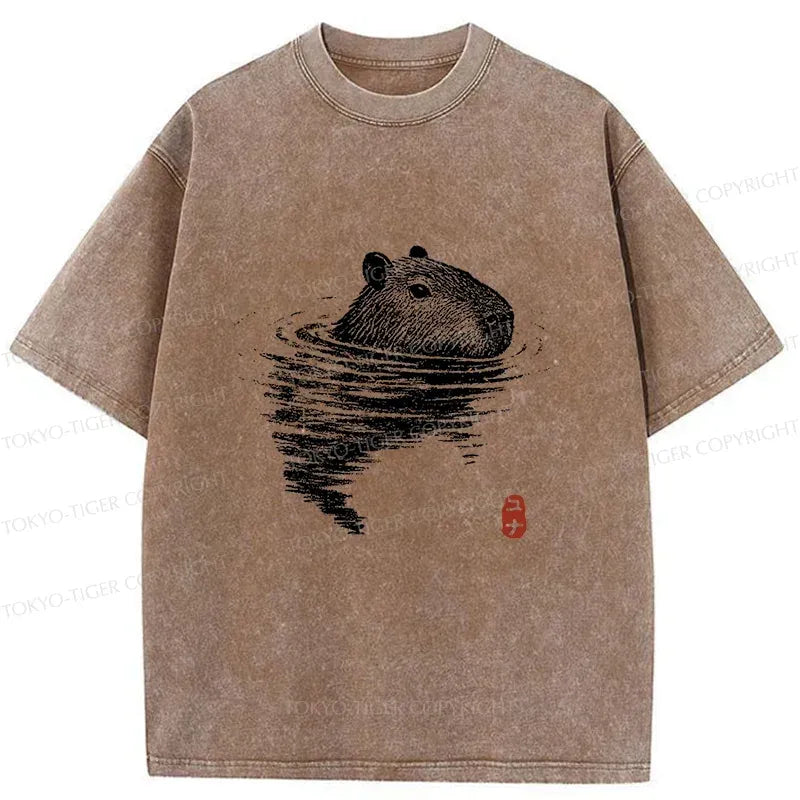 Kyoto-Lion Swimming Capybara Washed T-Shirt