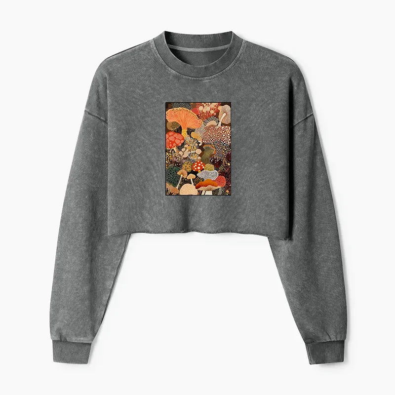 Kyoto-Lion Psychedelic Mushroom Paintings Washed Crop Sweatshirt