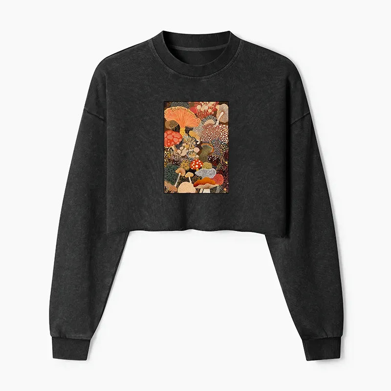 Kyoto-Lion Psychedelic Mushroom Paintings Washed Crop Sweatshirt