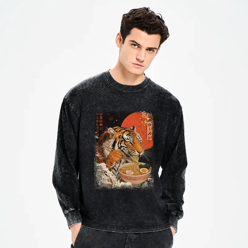 Kyoto-Lion Ukiyoe Japan Tiger Eating Ramen Washed Long Sleeve T-Shirt