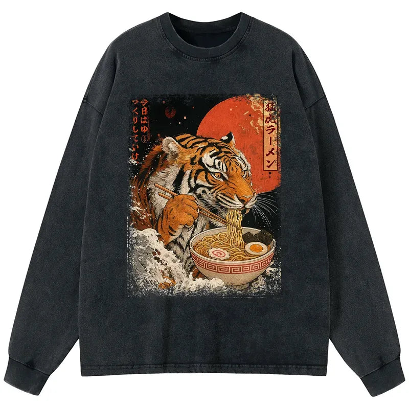 Kyoto-Lion Ukiyoe Japan Tiger Eating Ramen Washed Long Sleeve T-Shirt