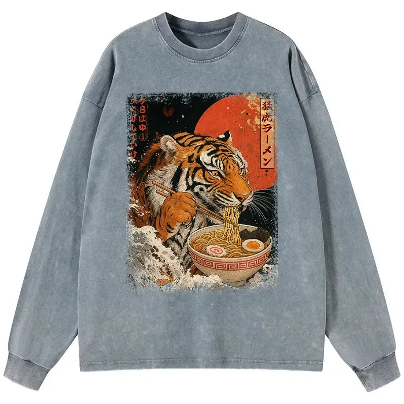 Kyoto-Lion Ukiyoe Japan Tiger Eating Ramen Washed Long Sleeve T-Shirt