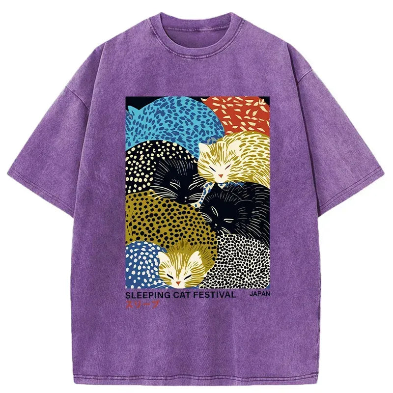 Kyoto-Lion Cats Sleep Together Washed T-Shirt