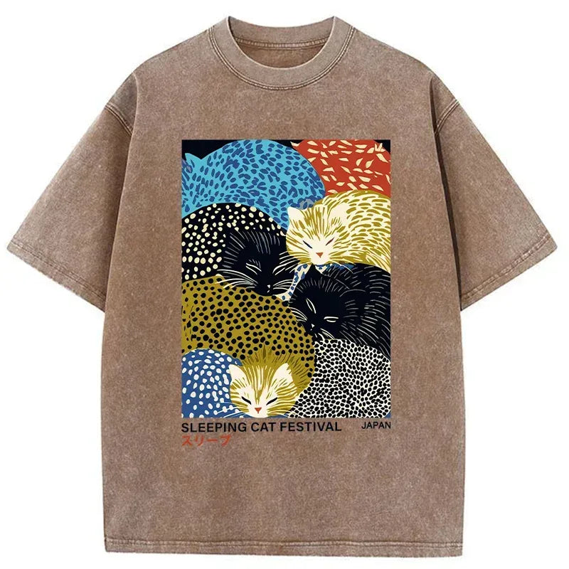 Kyoto-Lion Cats Sleep Together Washed T-Shirt
