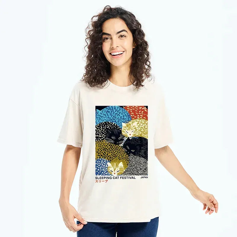 Kyoto-Lion Cats Sleep Together Washed T-Shirt