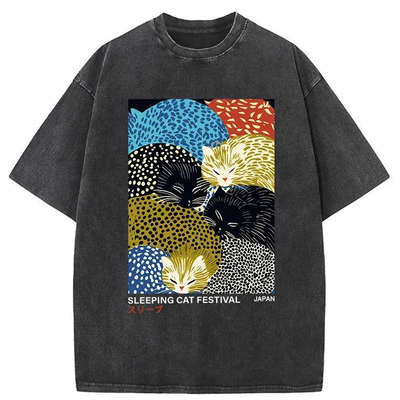 Japanese washed cat t-shirt for daily wear