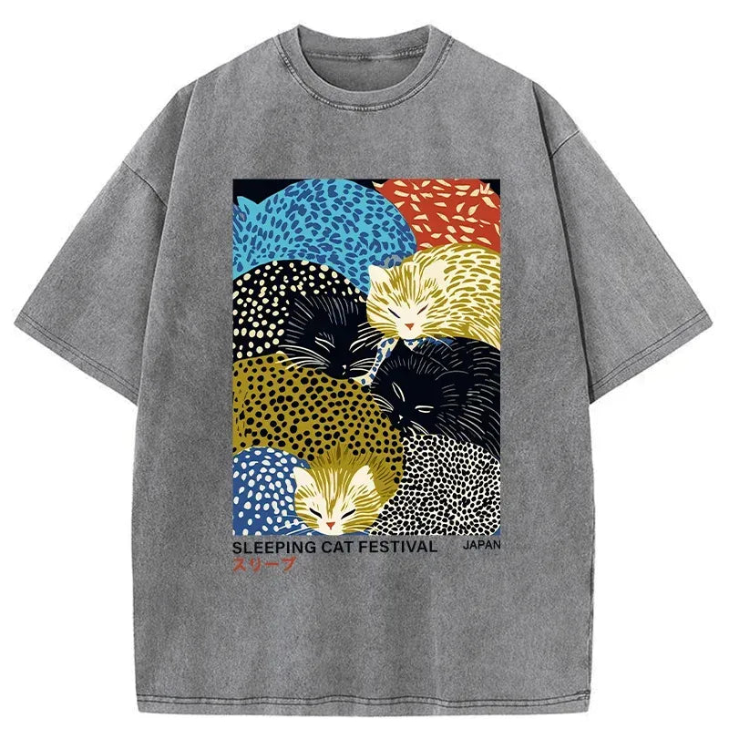 Japanese washed cat t-shirt for daily wear