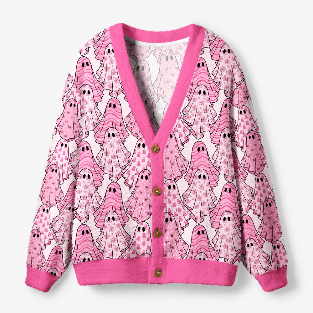Kyoto-Lion Pink Ghosts Ugly Cardigan Sweater