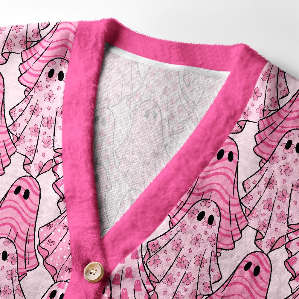 Kyoto-Lion Pink Ghosts Ugly Cardigan Sweater