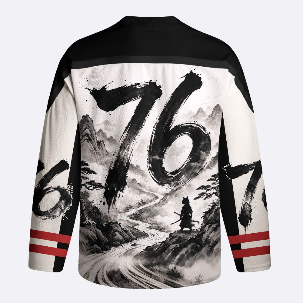 Kyoto-Lion Samurai Cat Mountains Long-Sleeve Hockey Jersey