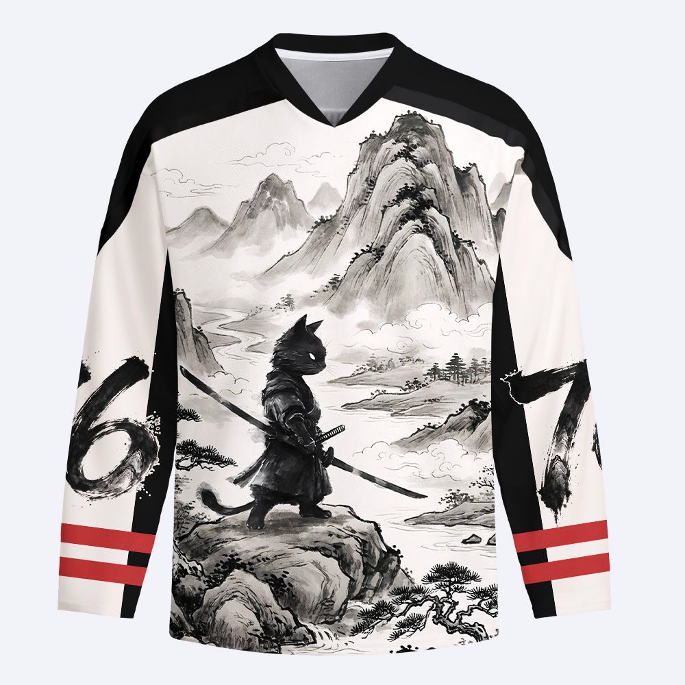Kyoto-Lion Samurai Cat Mountains Long-Sleeve Hockey Jersey