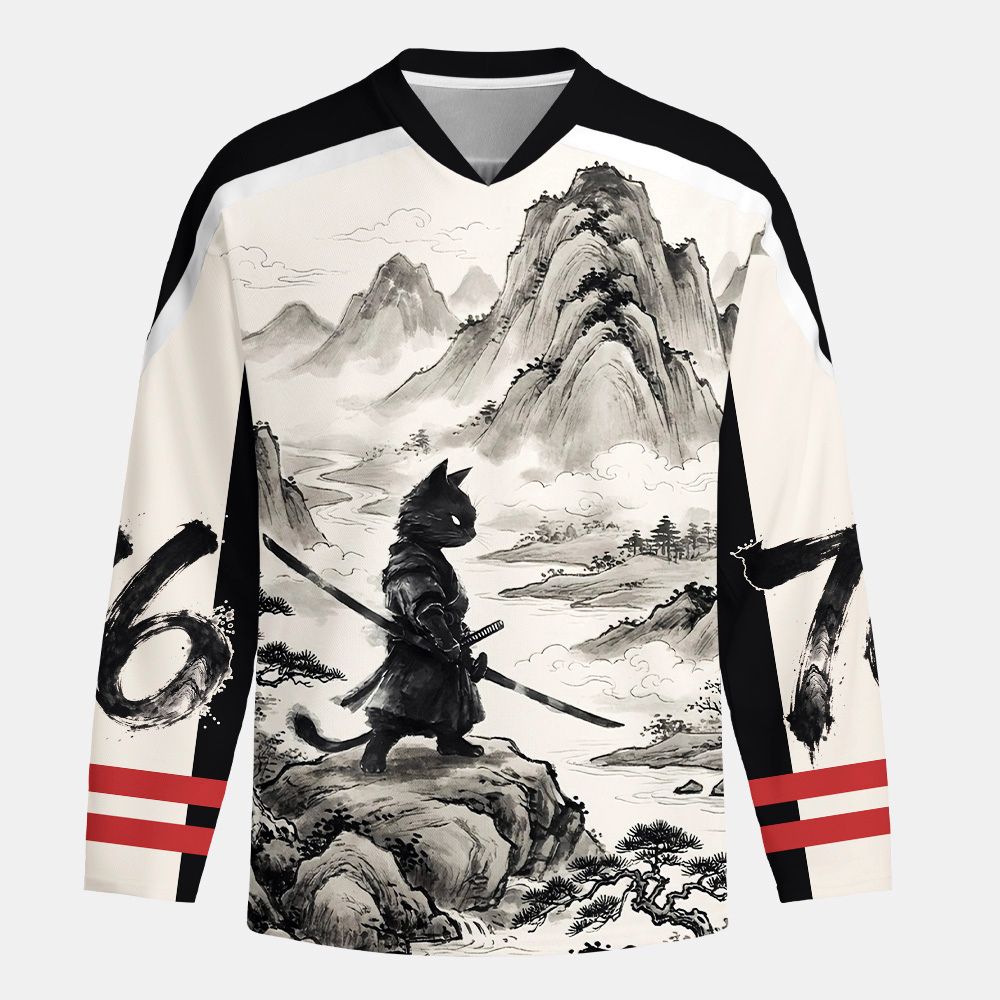 Kyoto-Lion Samurai Cat Mountains Long-Sleeve Hockey Jersey
