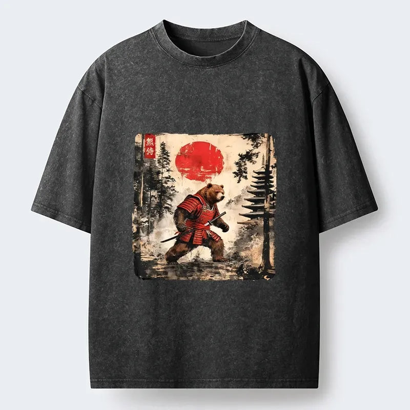 Kyoto-Lion Japanese Samurai Bear With Katana Washed T-Shirt