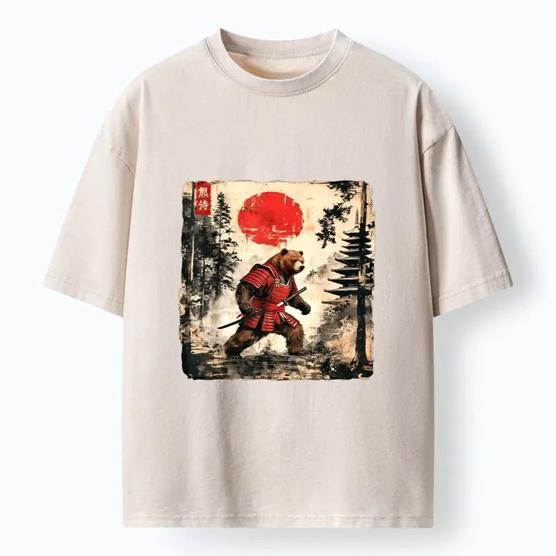 Kyoto-Lion Japanese Samurai Bear With Katana Washed T-Shirt