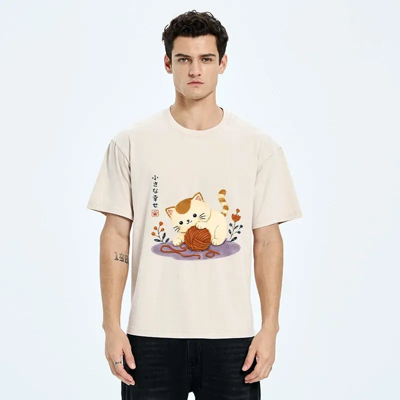 Japanese Style Washed Cotton Cat Tee Gift Idea